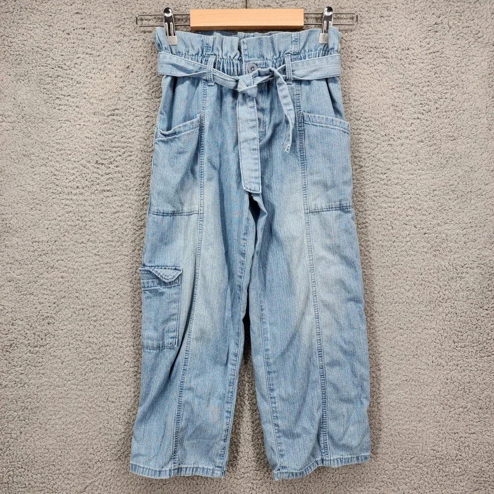 OshKosh Bgosh Girls Light Wash Paperbag Cargo Jeans Size 8 Elastic Waist Belted